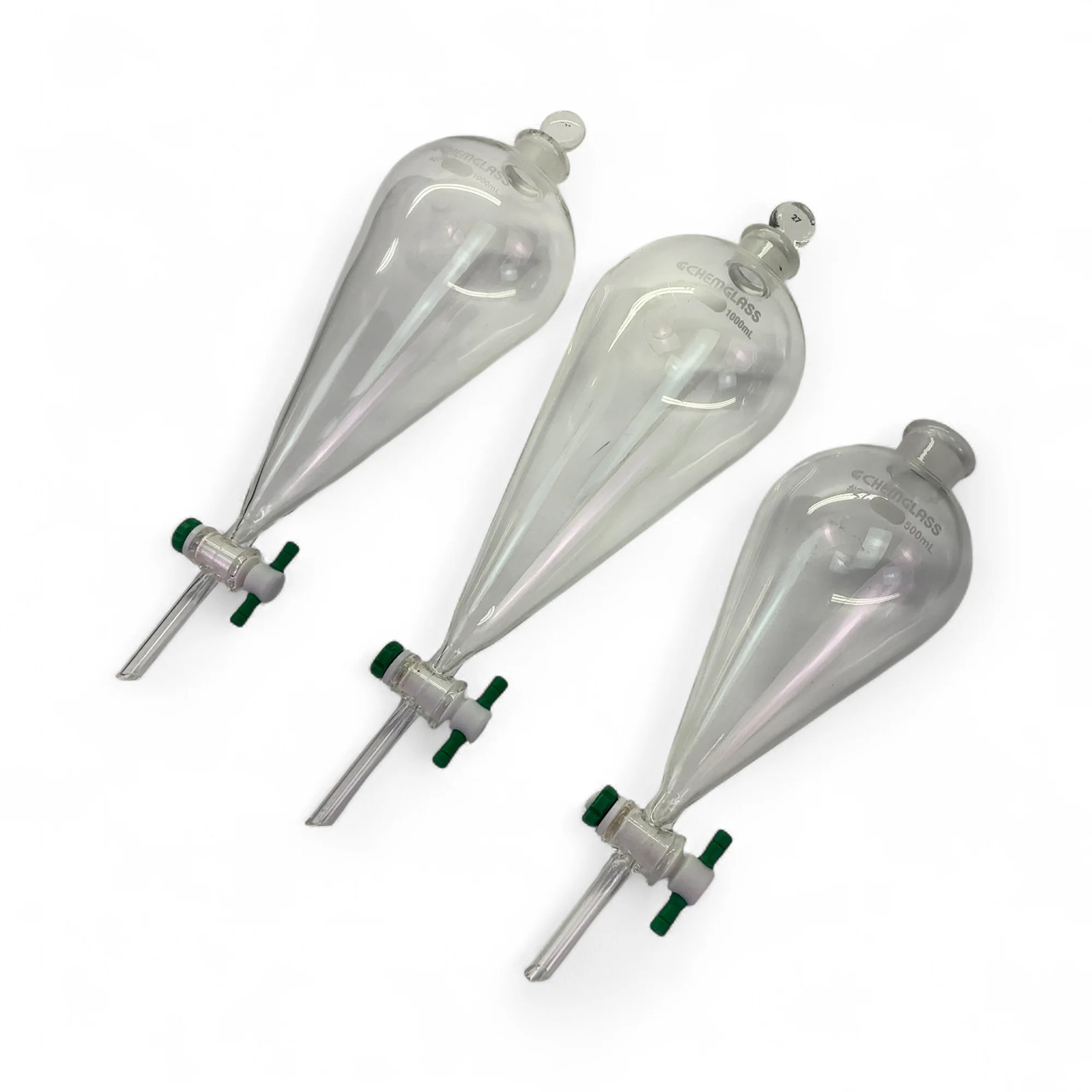Chemglass 1000mL & 500mL Squibb Separatory Funnels Squibb – See Description