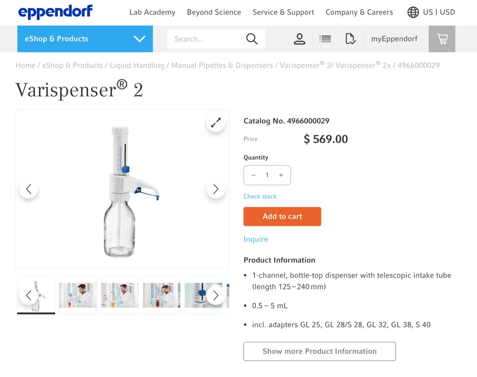 Eppendorf Varispenser 2 Bottle-Top Dispenser 0.5-5mL; NEW