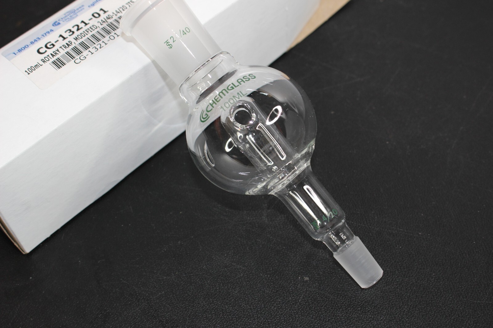 New Chemglass Rotary Evaporator Bump Trap 100mL 24/10 Top 14/20 Lower CG-132101.