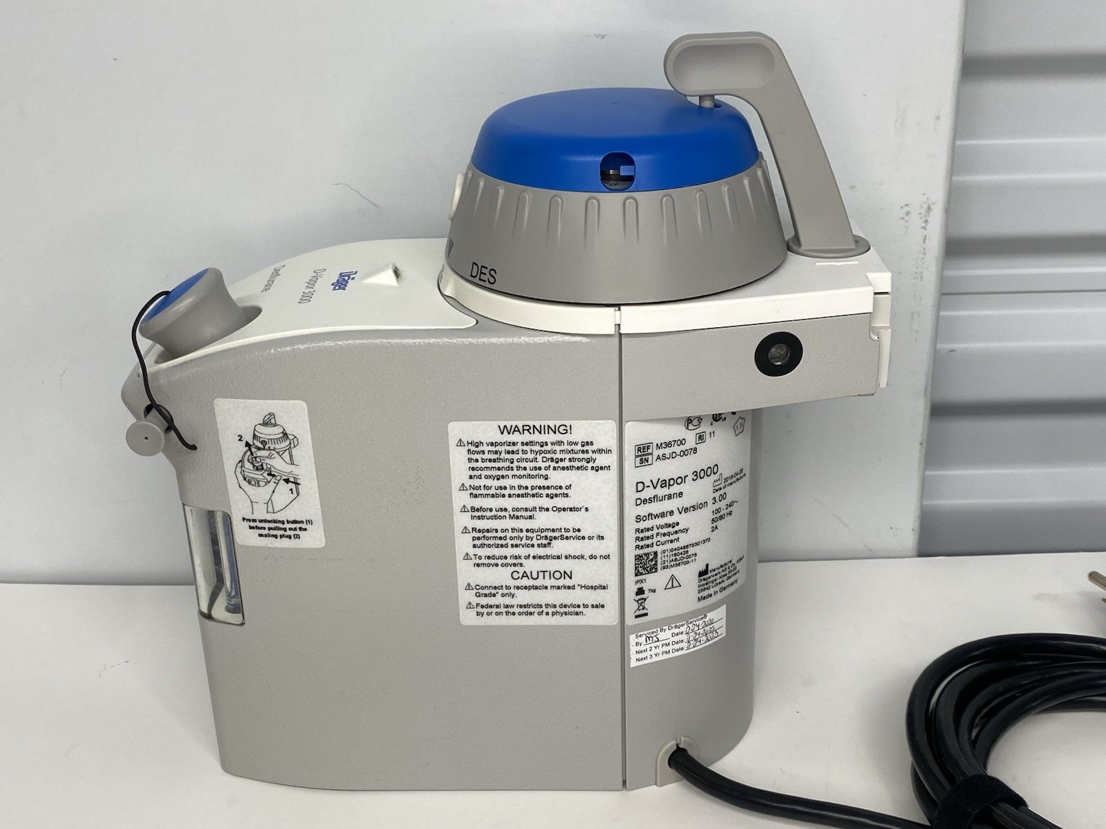 Drager D-Vapor 3000 Desflurane Hospital Grade Anesthesia Vaporizer