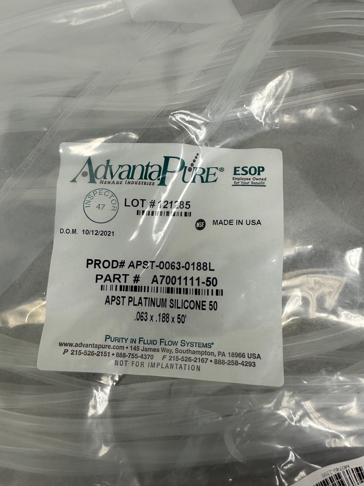 AdvantaPure APST Platinum Silicone Tubing .063 x .188 x 50′