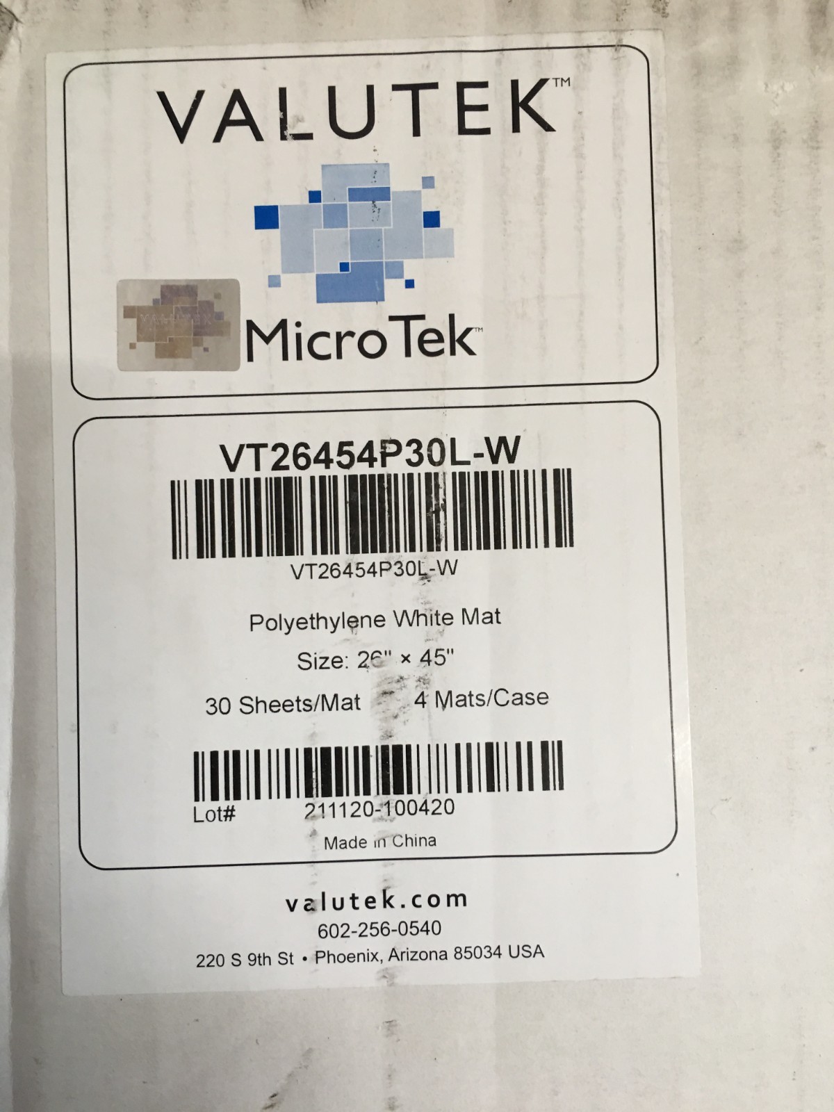 Valutek Cat No VT26454P30L-W MicroTek Sticky Mat For Cleanrooms Adhesive 26″×45″