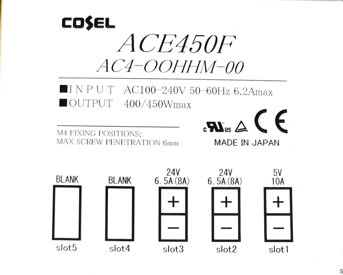 Cosel ACE450F Model AC4-OOHHM-00 Power Supply 450W 6.2A MAX Used Working