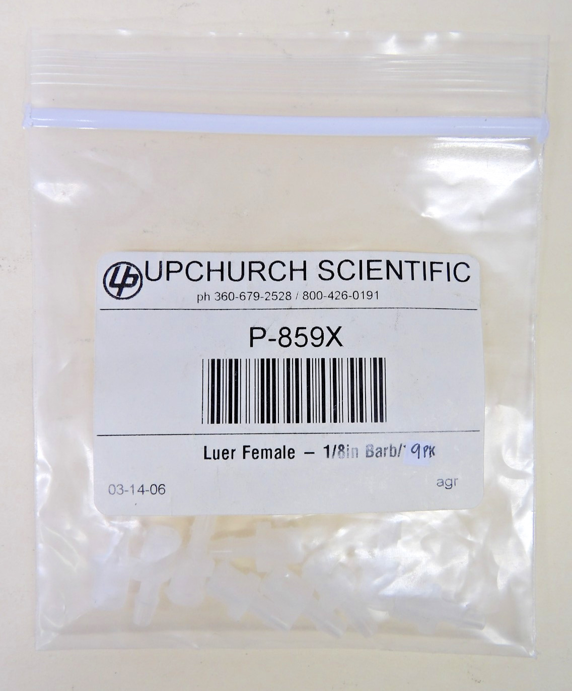 UPCHURCH SCIENTIFIC P-859X Female Luer 1/8” Barb, 9 PK