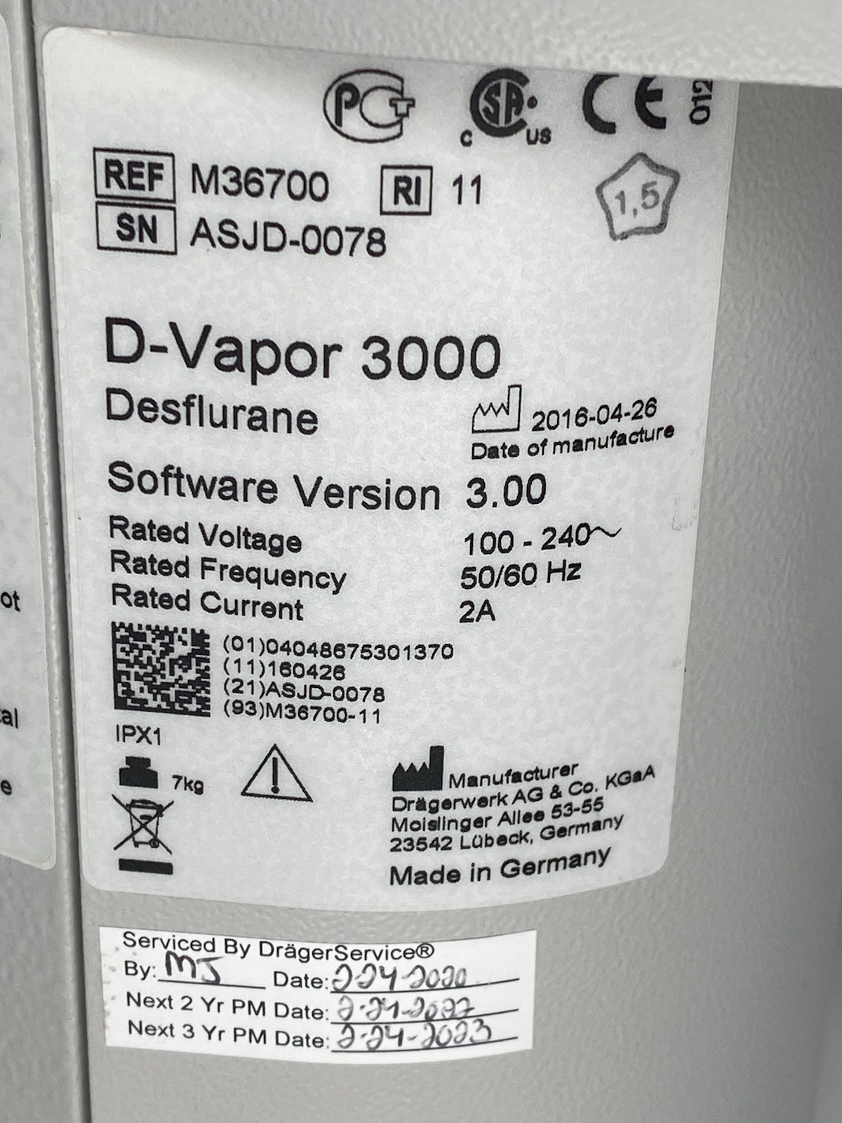 Drager D-Vapor 3000 Desflurane Hospital Grade Anesthesia Vaporizer