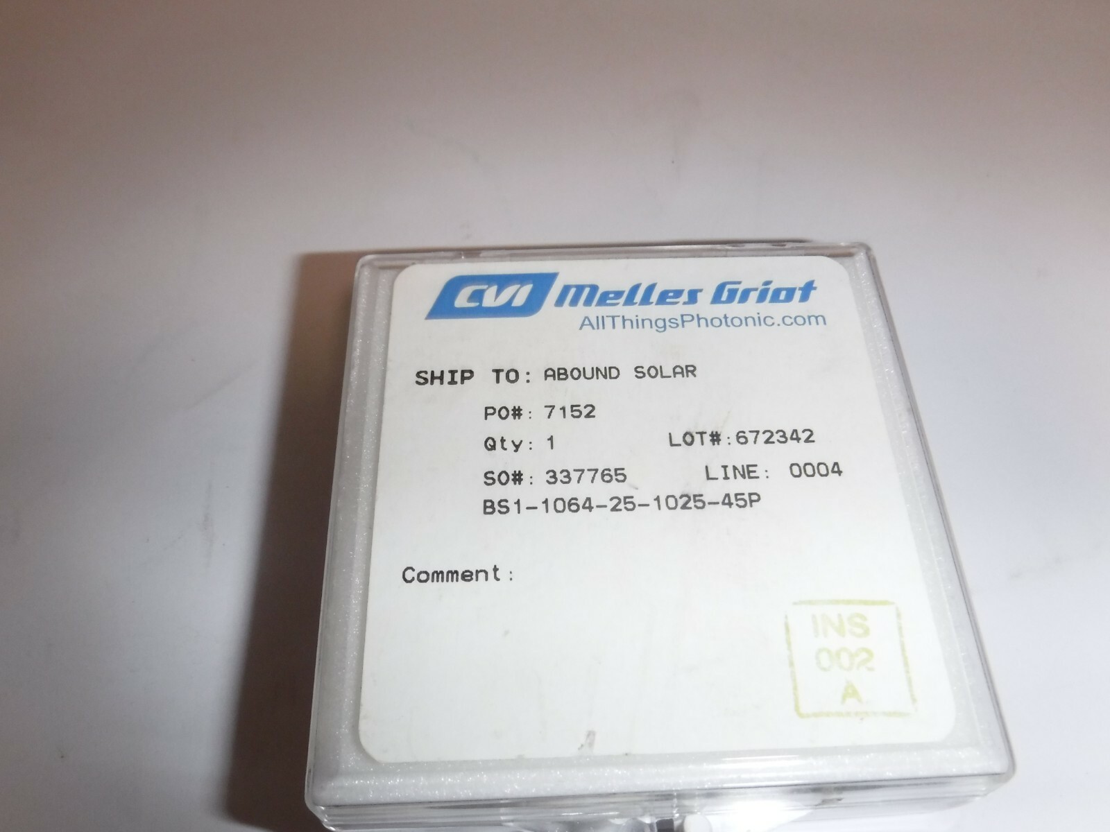 CVI MELLES GRIOT LASER LENS BS1-1064-25-1025-45P