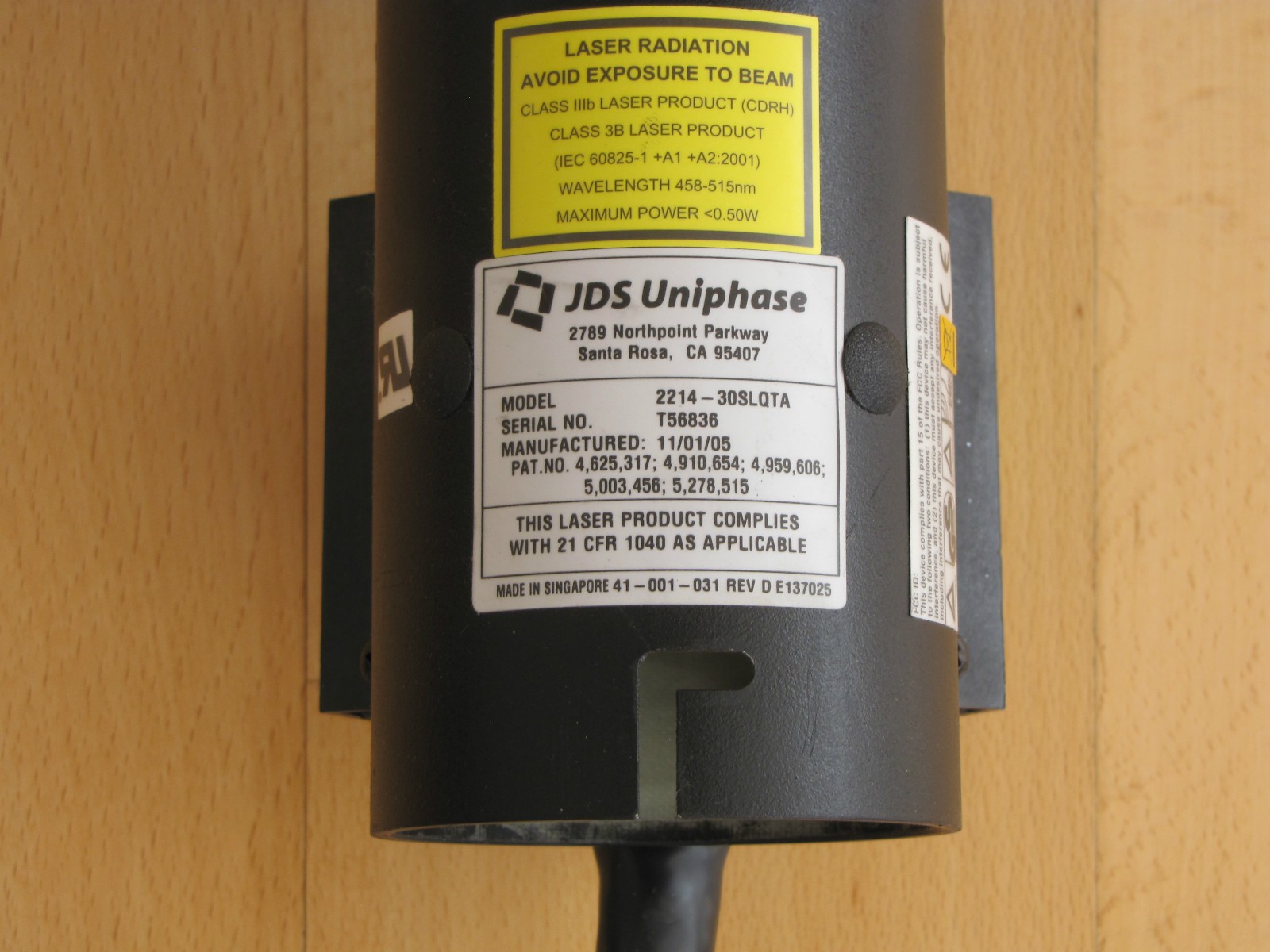 JDS Uniphase JDSU 2214-30SLQTA Argon Laser Head Single Line At 488nm