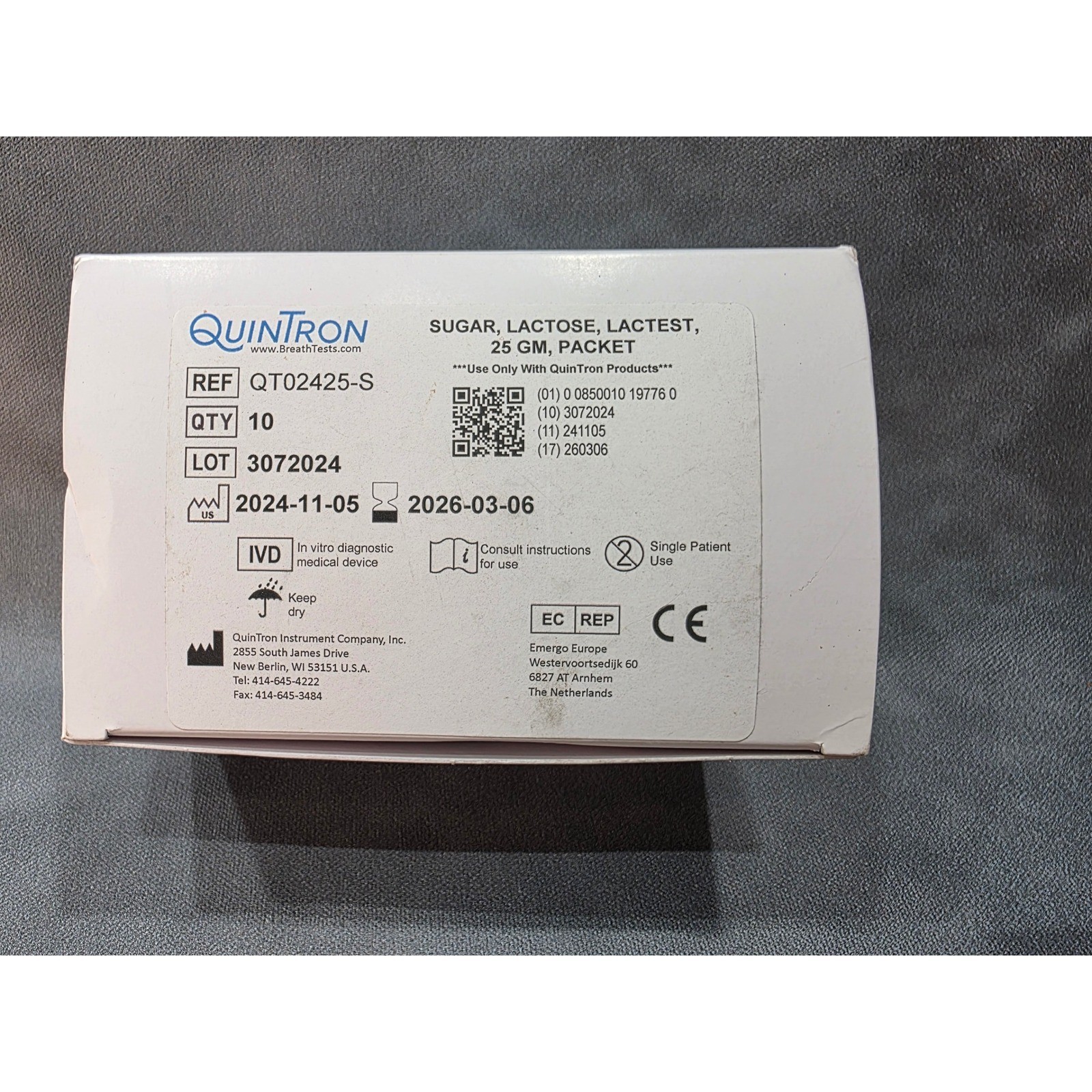 QuinTron LacTest Lactose Sugar 25g Packets 10 Count QT02425-S Breath Test Sugar