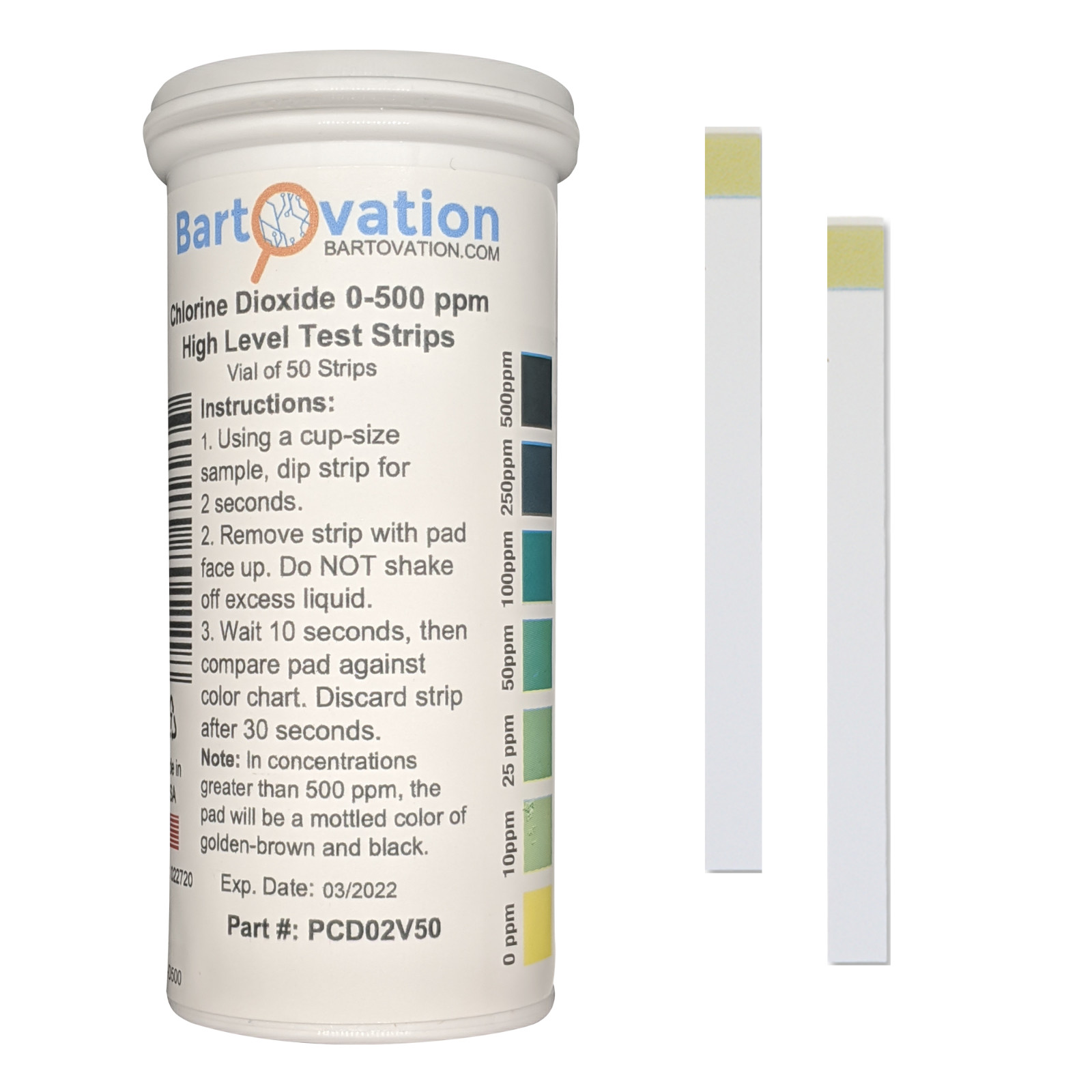 Chlorine Dioxide Single Factor Test Strips, 0-500 ppm [Vial of 50 Strips]