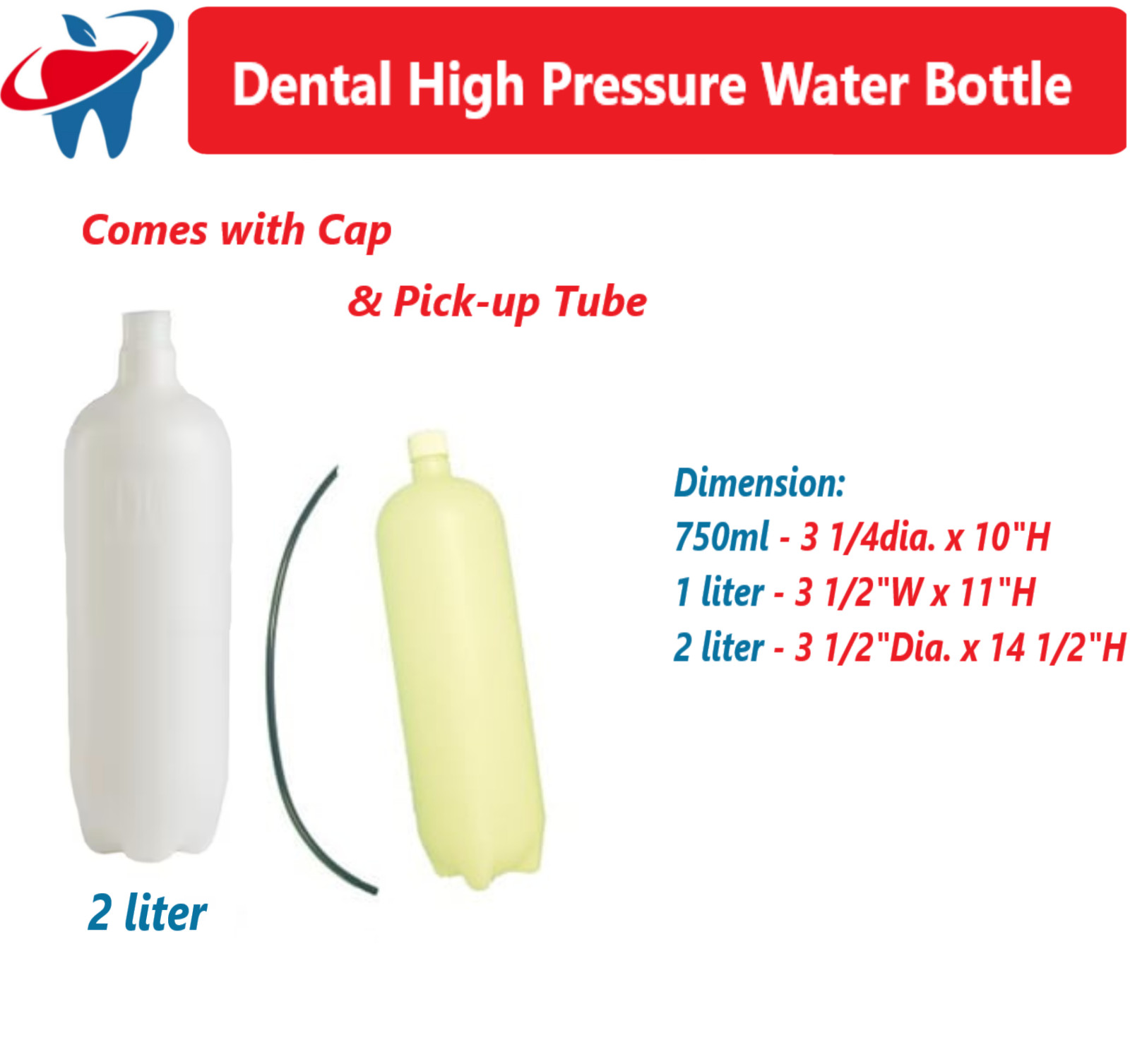Dental DCI High Pressure Water Bottle & Tube for Dental Unit Water System 1L, 2L