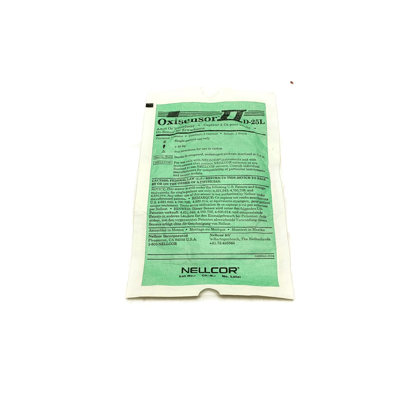Nellcor Oxisensor IID-25L Adlt O2 Transducer. Made in Mexico