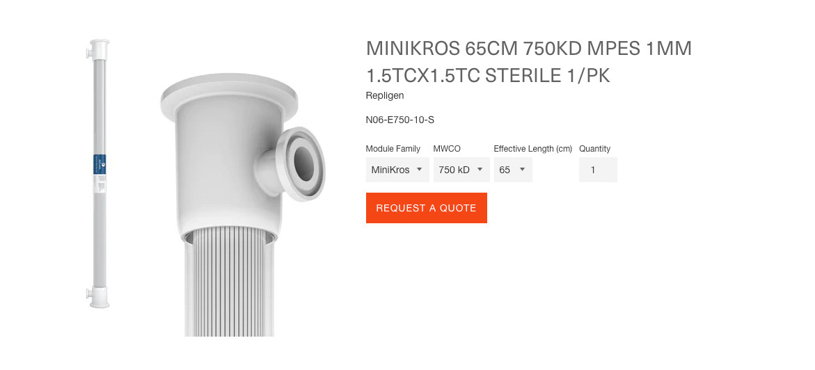 Repligen MINIKROS 65CM 750KD MPES 1MM 1.5TCX1.5TC STERILE 1/PK Special $459