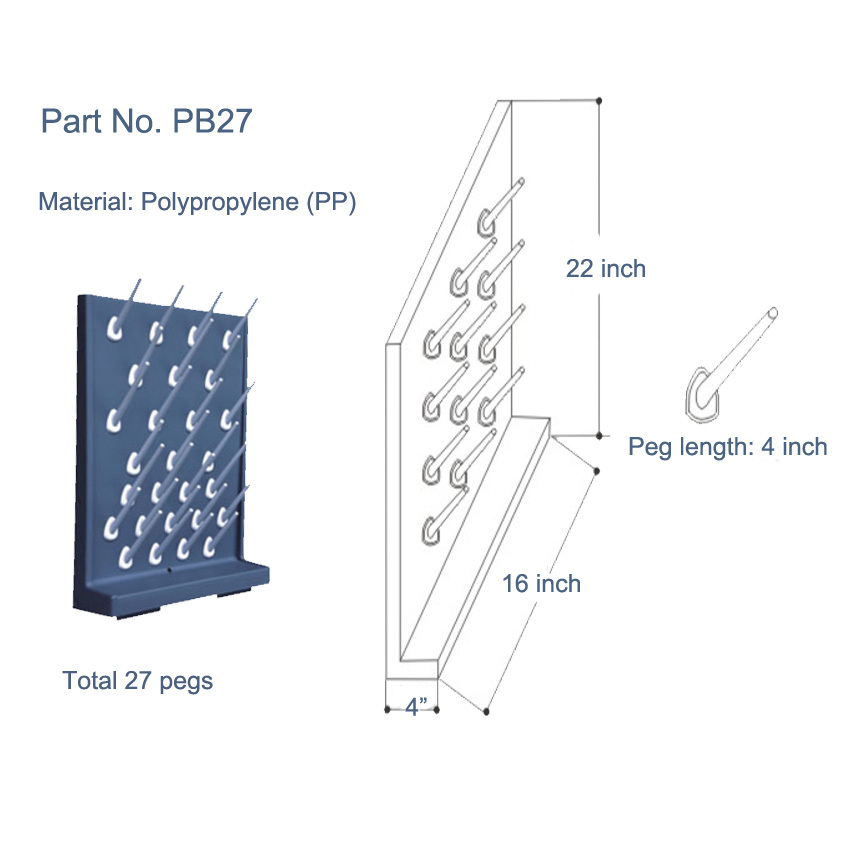 Azzota® BENCH-TOP/WALL-MOUNT LAB GLASSWARE PEGBOARD/DRYING RACK, 27 RACK, BLACK