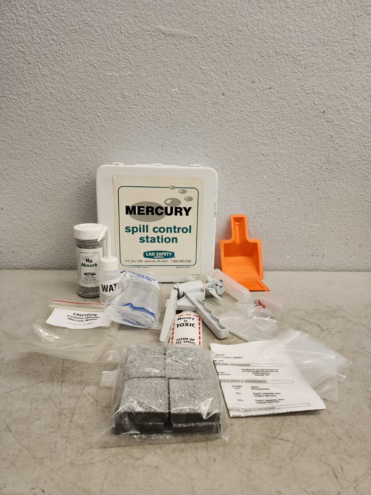 Mercury Spill Kit – Lab Hazmat Mitigation – Complete Desk/Wall Kit – OPEN