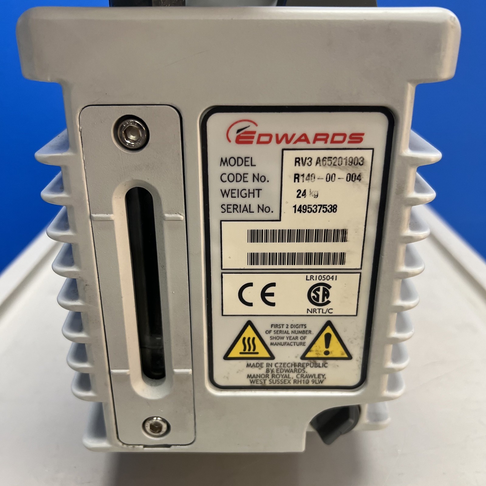 Edwards RV3 Rotary Vane Vacuum Pump P/N A65201903 w/ Oil Mist Filter EMF20