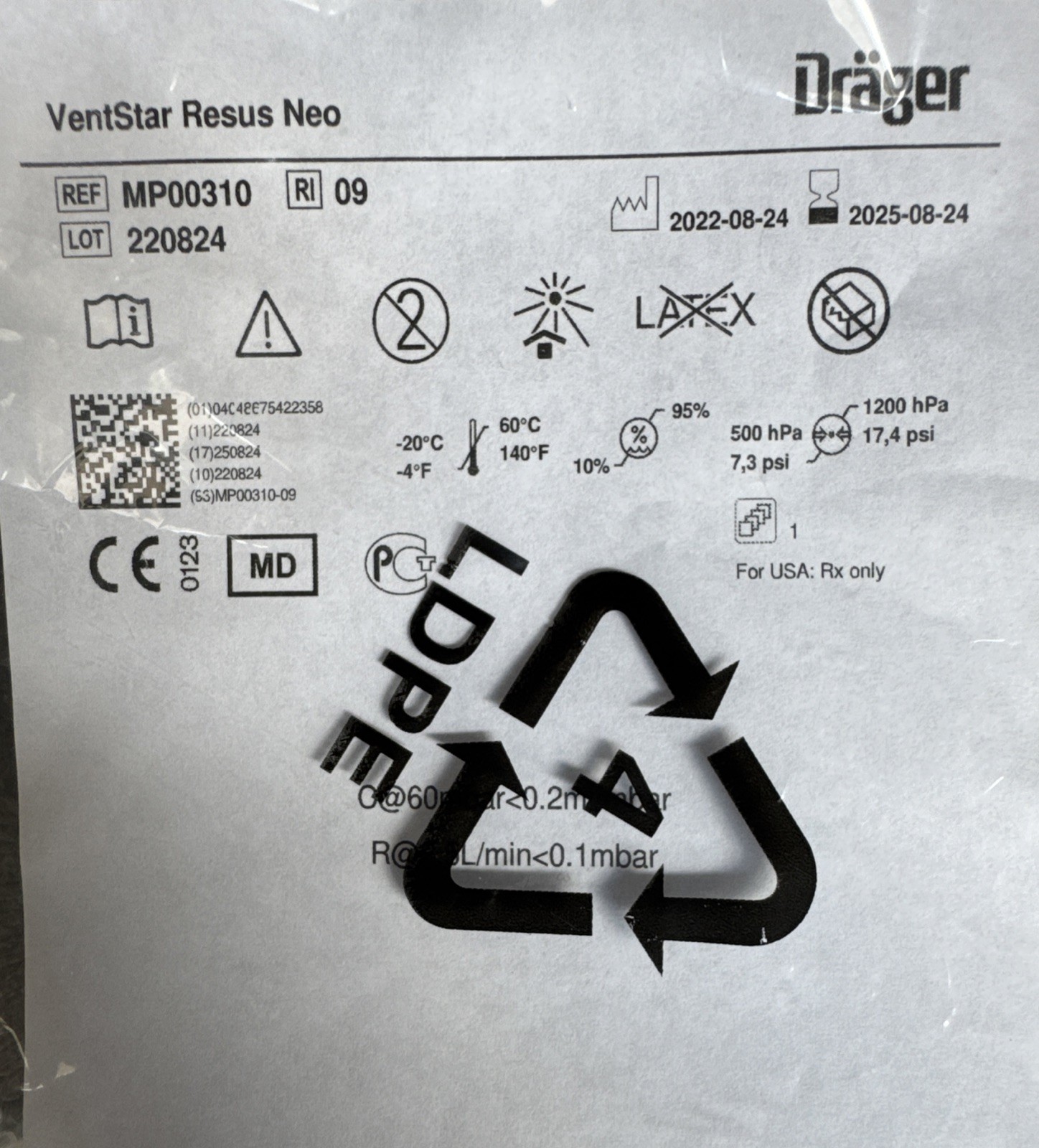 25 PCs Drager Ventstar Carina Leak V P/N MP00312-07