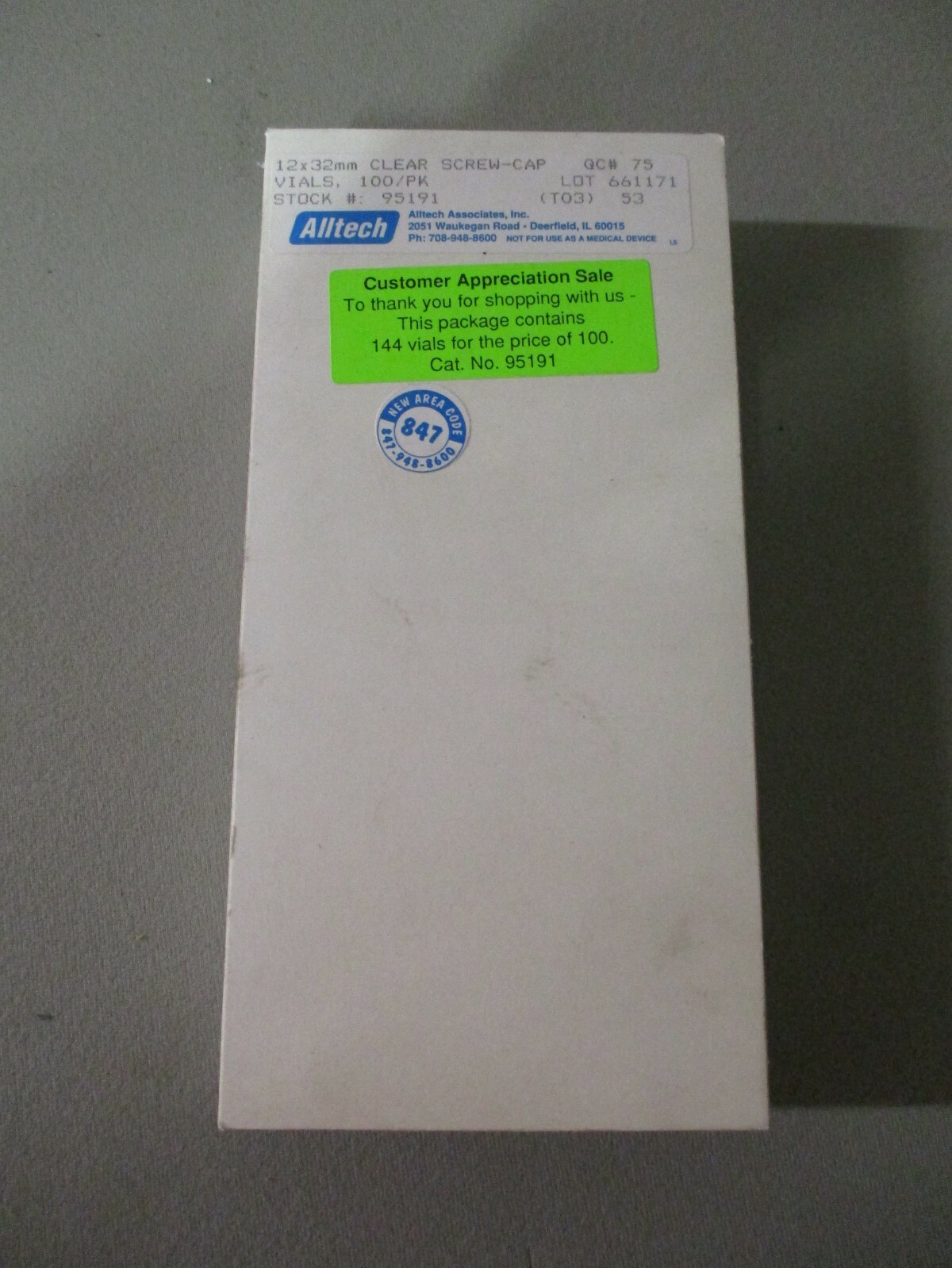 BOX OF 144 ALLSTATE 95191 CLEAR SCREW CAP VIALS 12 X 32mm NOS FREE SHIPPING