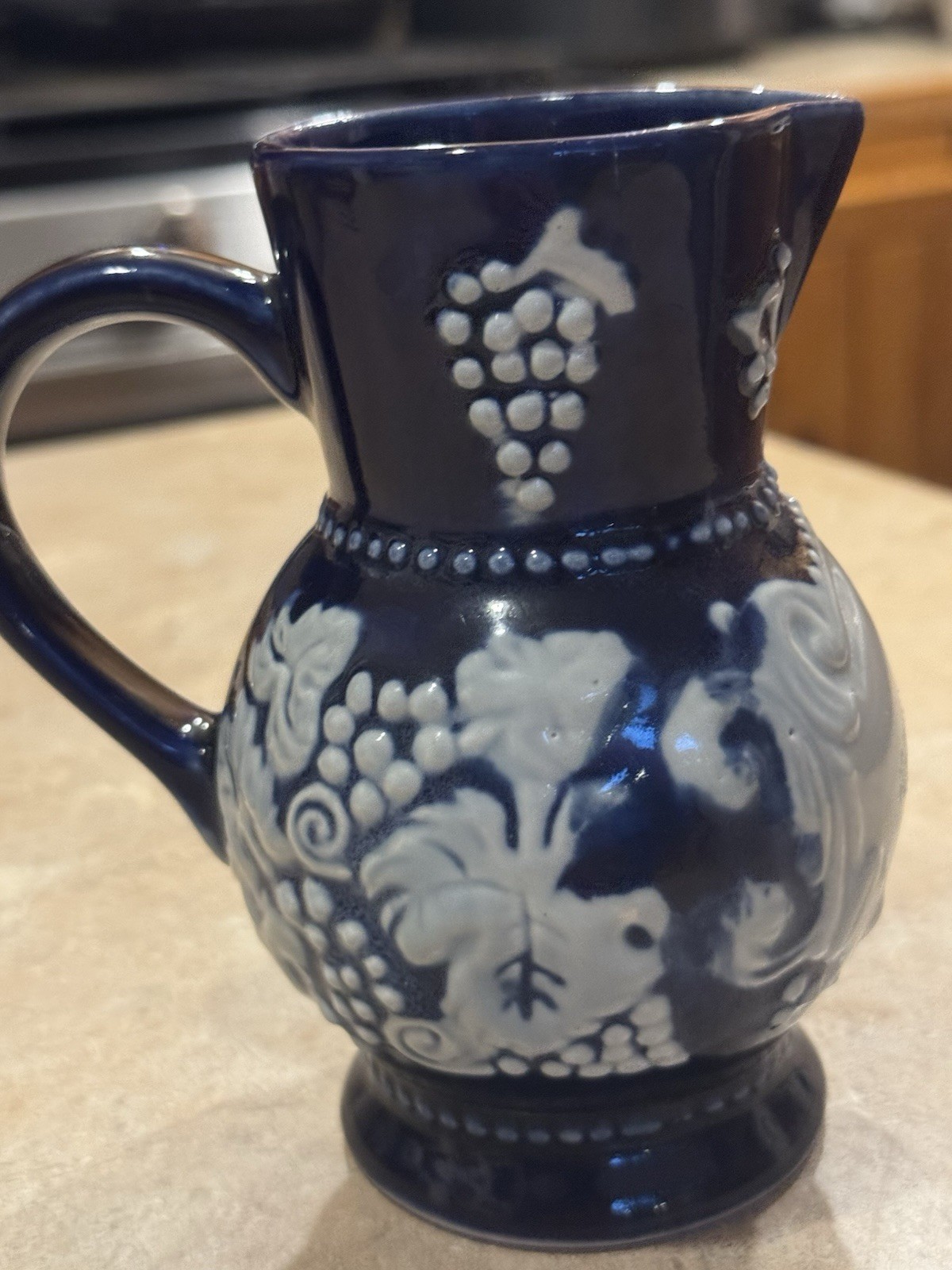 French Ceramic Pitcher Blue White Floral Laon France 5in