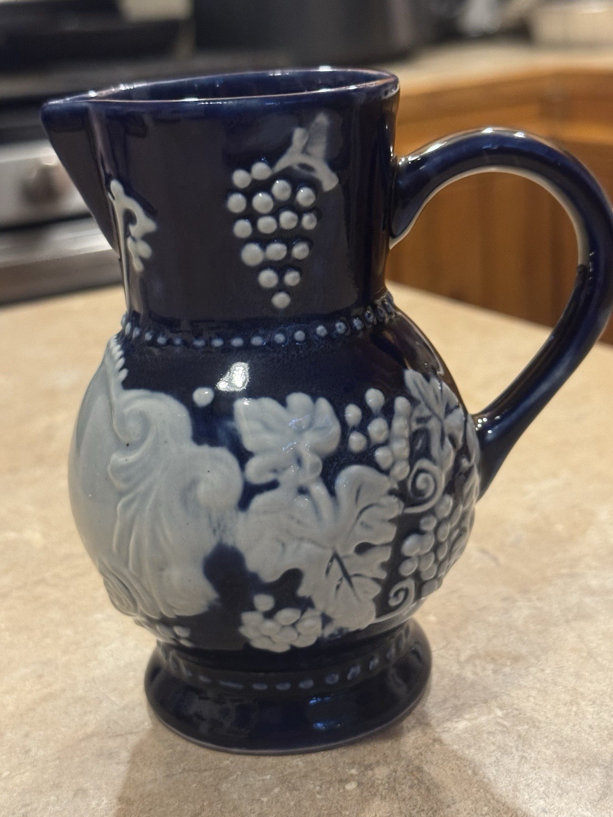 French Ceramic Pitcher Blue White Floral Laon France 5in