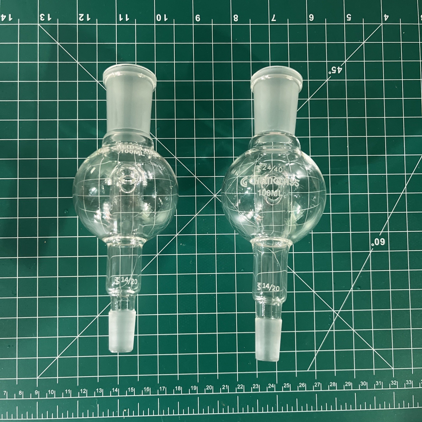 2 Chemglass Rotary Evaporator Bump Trap 100mL 24/10 Top 14/20 Lower CG-132101