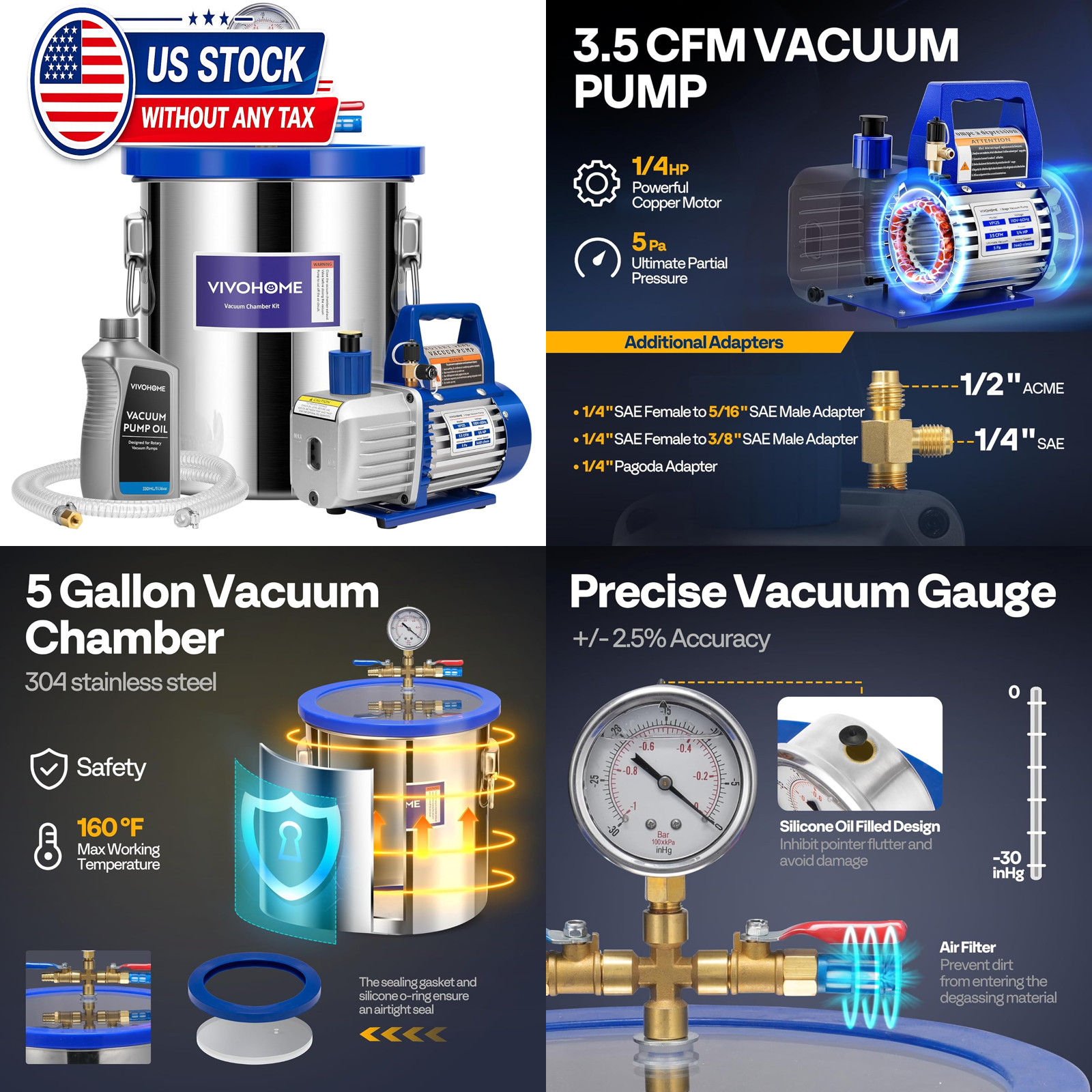 5 Gallon Vacuum Chamber with 3.5 CFM 1 Stage Vacuum Pump, 304 Stainless Steel