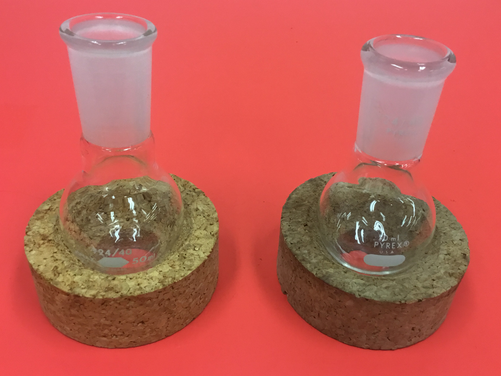 Lot of (2) – Kimax/Pyrex – 50ml Round Bottom Boiling Flask – 24/40 Joint