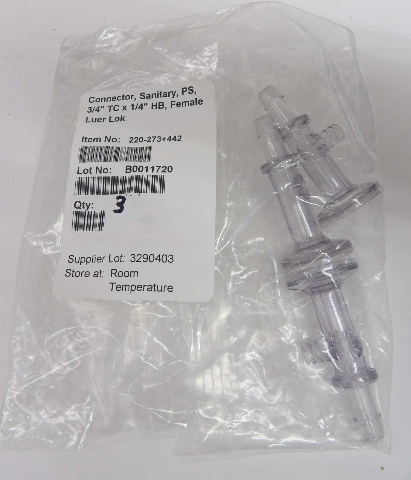 Repligen KrosFlo Fittings 3/4 in. TC x 1/4 in. HB, Female Luer Lok, 3 per bag