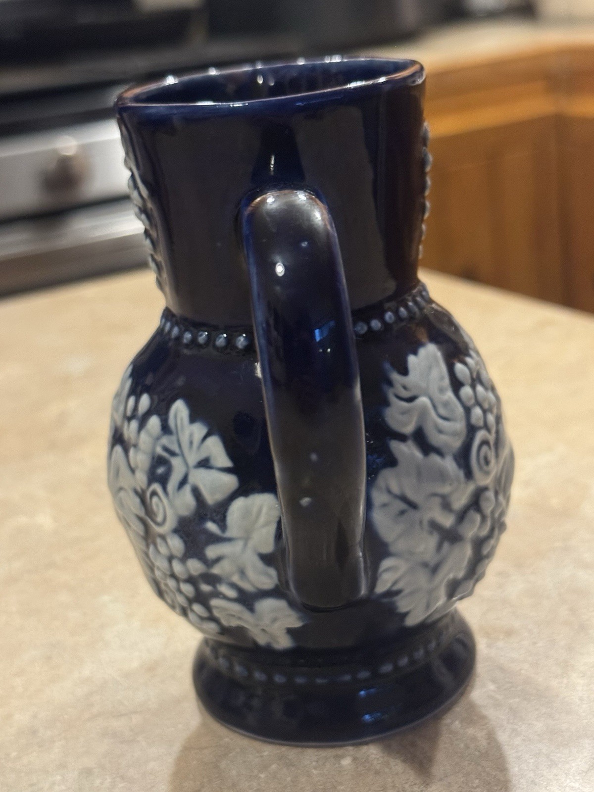 French Ceramic Pitcher Blue White Floral Laon France 5in