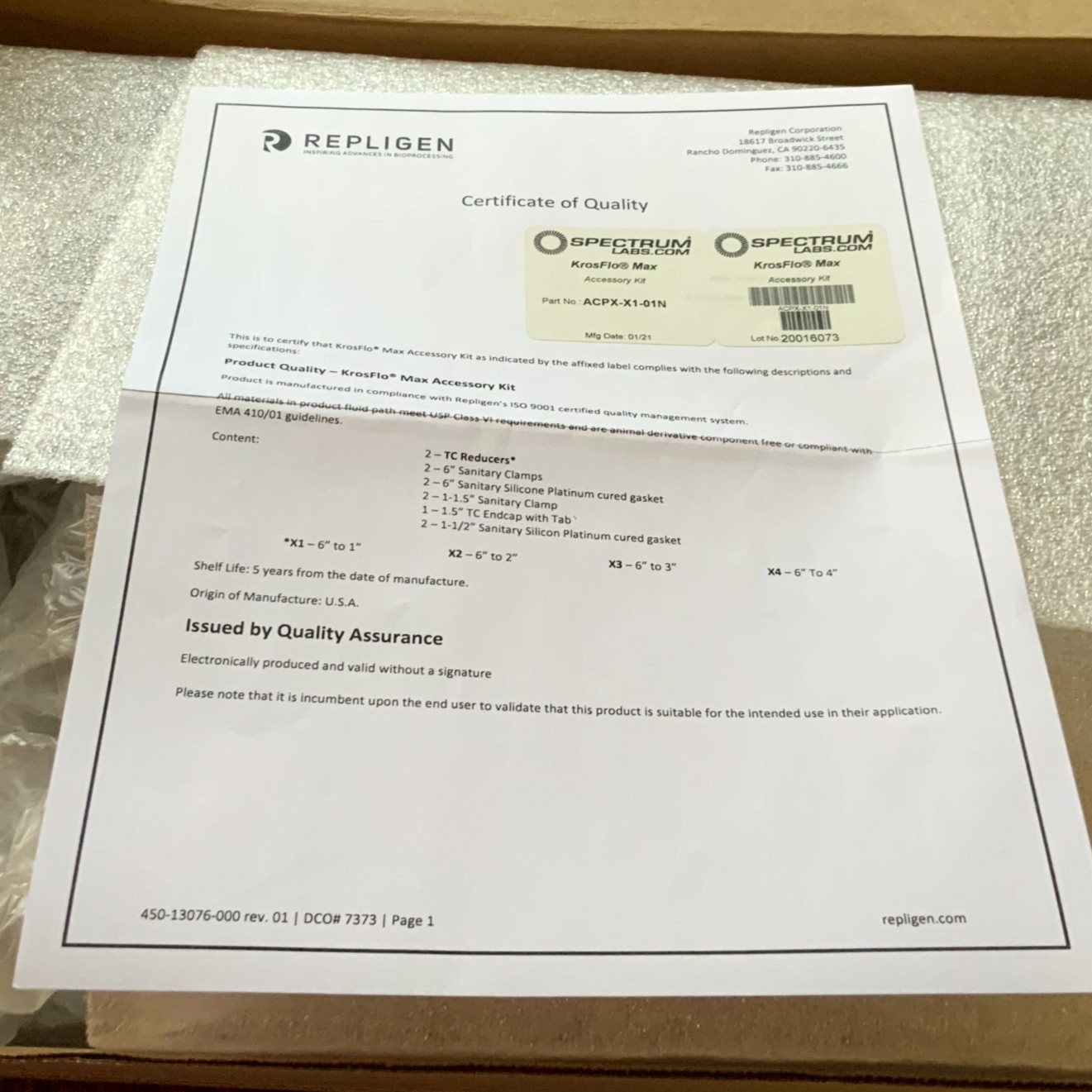 Repligen SpectrumLabs ACPX-X1-01N KrosFlo Max TFF Accessory Kit Sanitary