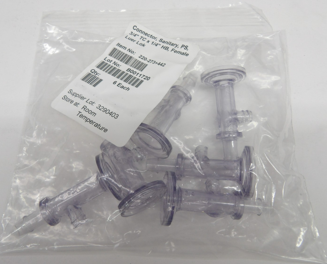 Repligen KrosFlo Fittings 3/4 in. TC x 1/4 in. HB, Female Luer Lok, 6 per bag