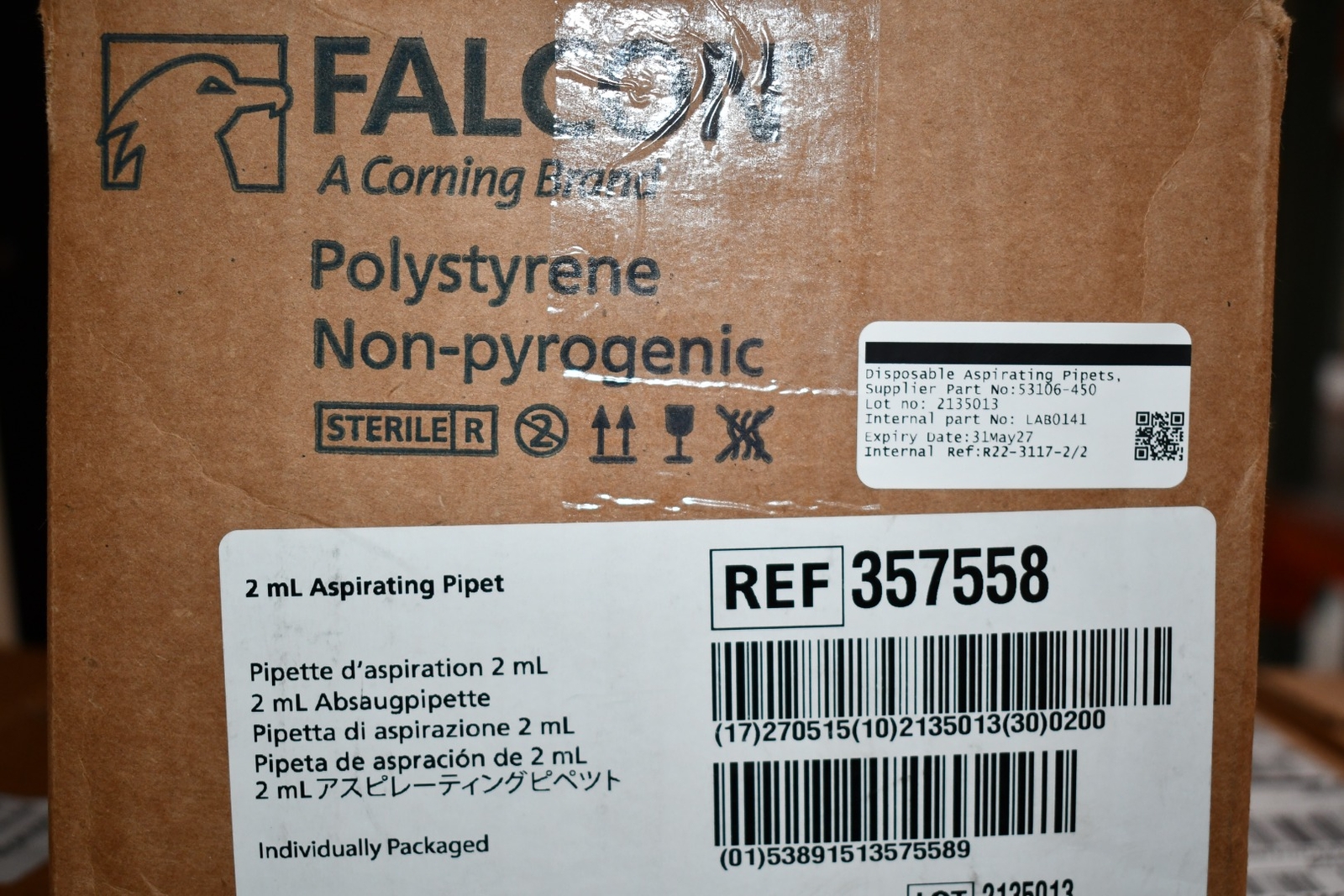 Case of 200 NEW Falcon 357558 Disposable Aspirating Pipettes, Polystyrene, Steri