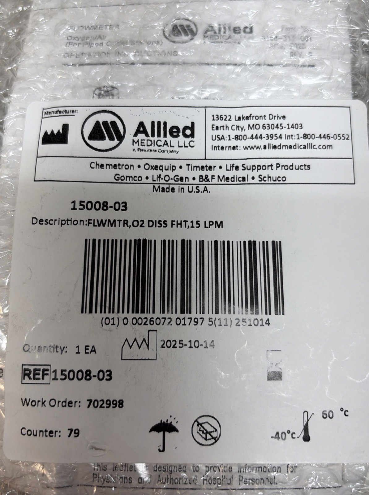 Allied Healthcare 15008-03 Timeter Oxygen Flowmeter ,FLWMTR,02 Diss FHT,15 LPM