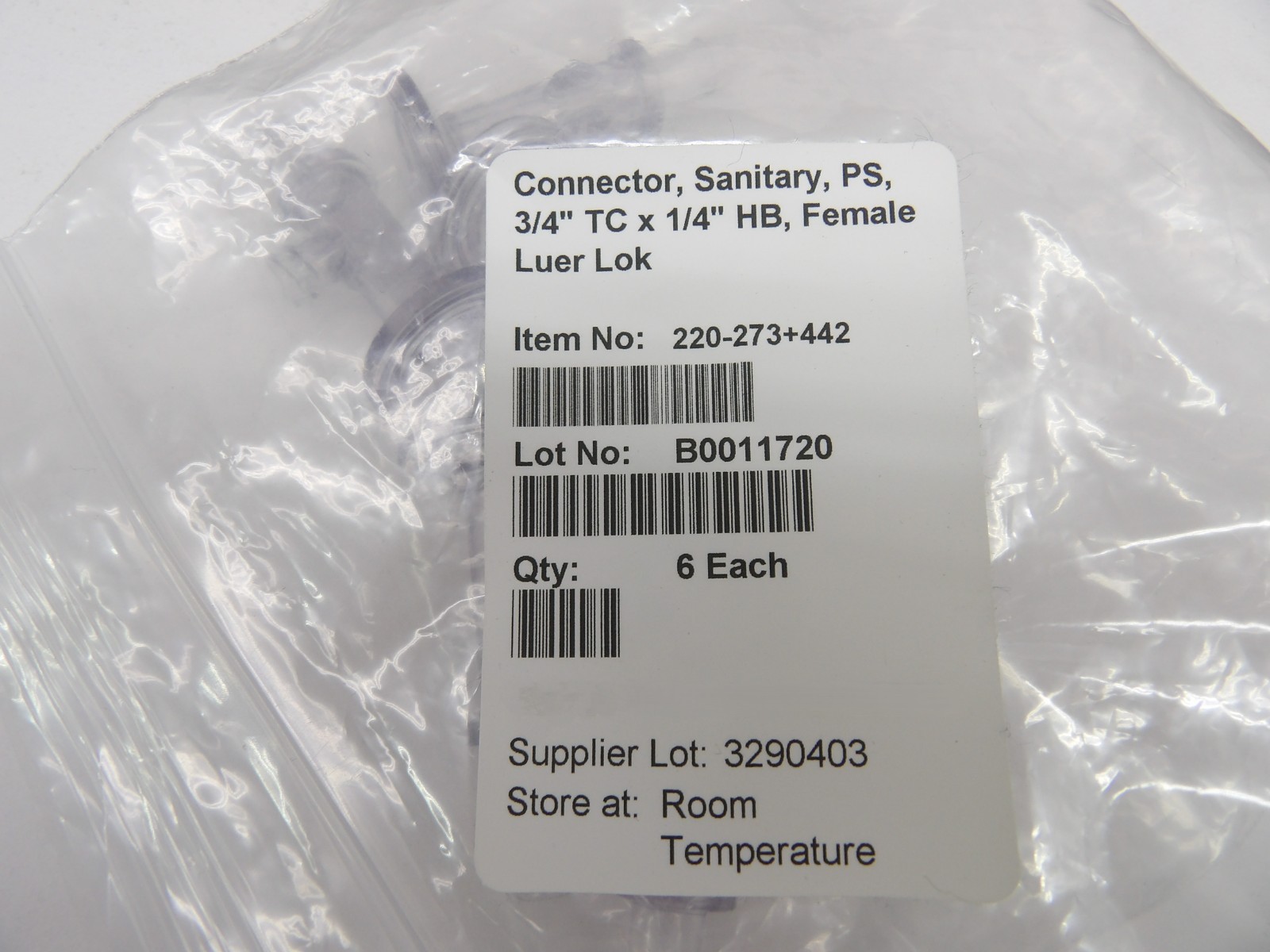 Repligen KrosFlo Fittings 3/4 in. TC x 1/4 in. HB, Female Luer Lok, 6 per bag
