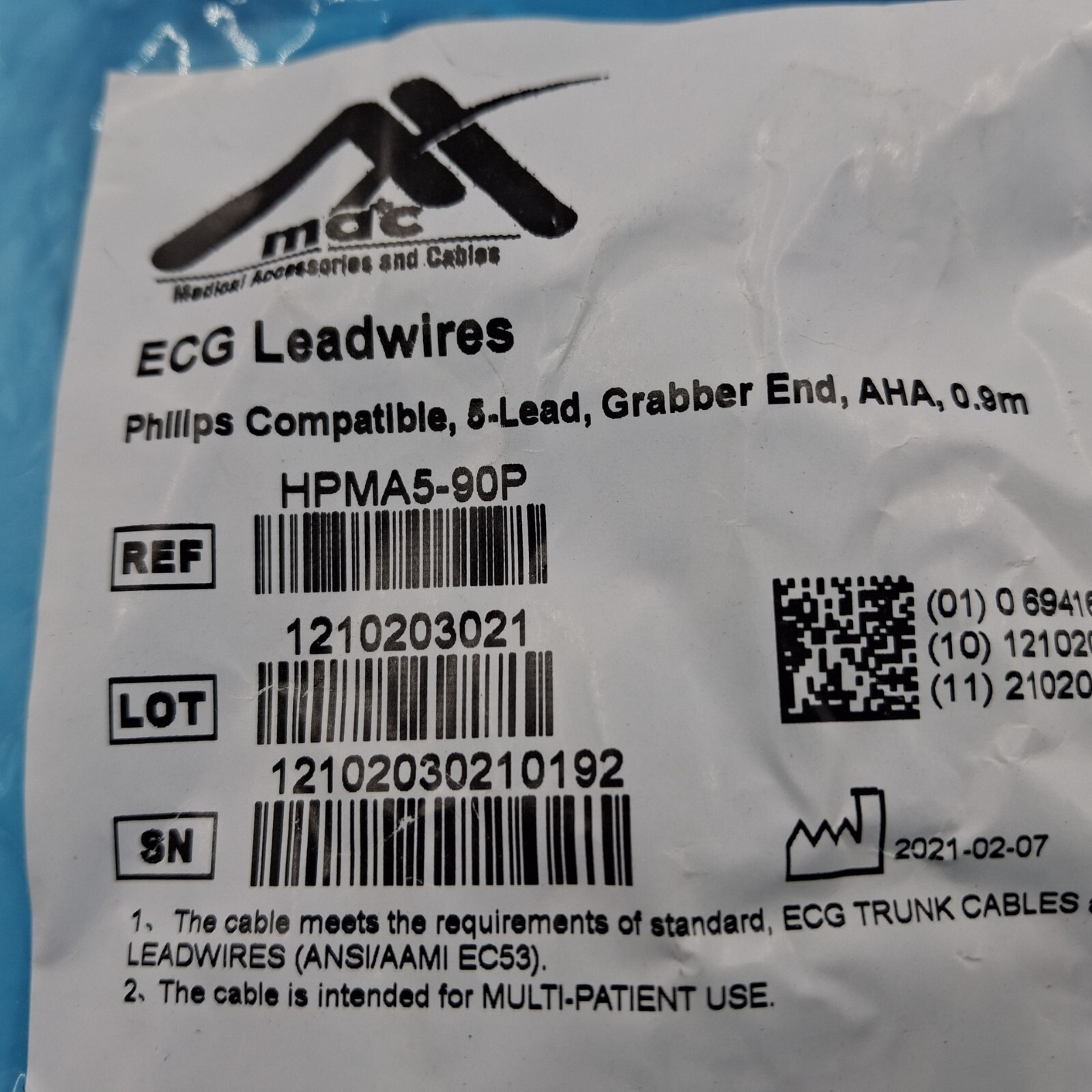 MAC ECG Leadwires Phillips Compatible 5 Lead Grabber End AHA 0.9m Ref HPMA5-90P