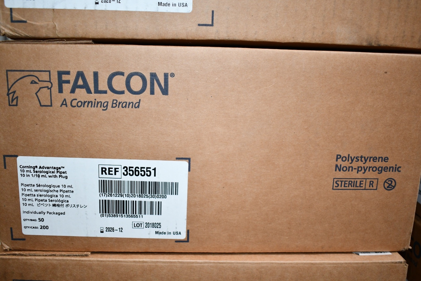 Case of 200 NEW Falcon 356551 10 mL Polystyrene Serological Pipets, Sterile