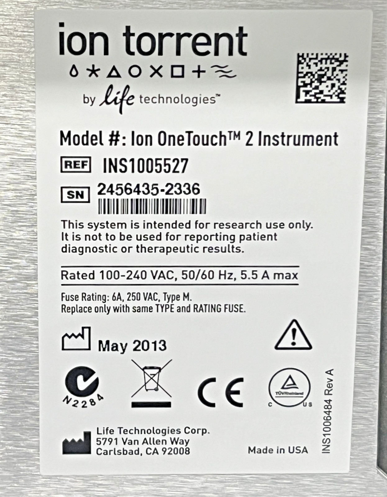 Life Technologies Ion OneTouch2 Instrument 100-240Vac 50/60Hz Power Tested