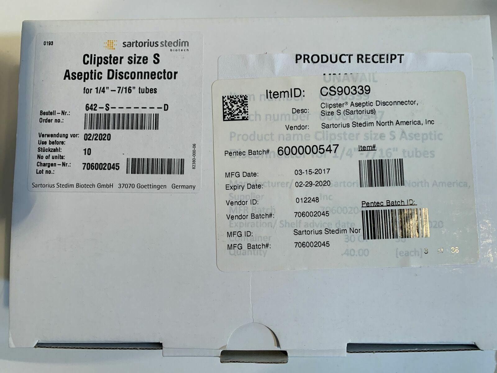 (1) BOX-Sartorius Clipster Aseptic Disconnector SZ S 10/PK EXP: 02/20 1/4-7/16″