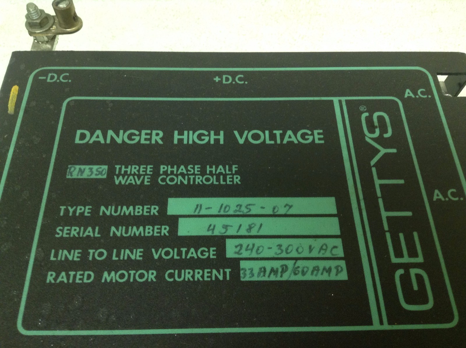 Gettys 11-1025-07 Three Phase Half Wave Controller 240-300 VAC 33/60 A 11102507