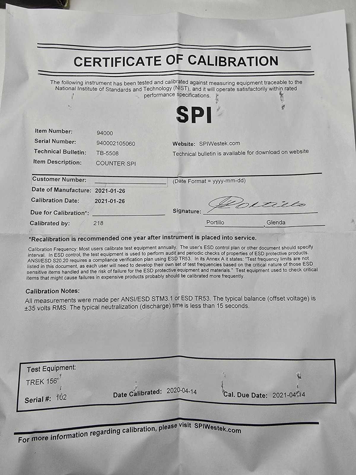 Calibration Cert SPI Workstation Ionizer 94000 / SP4001- 120VAC – ESD System