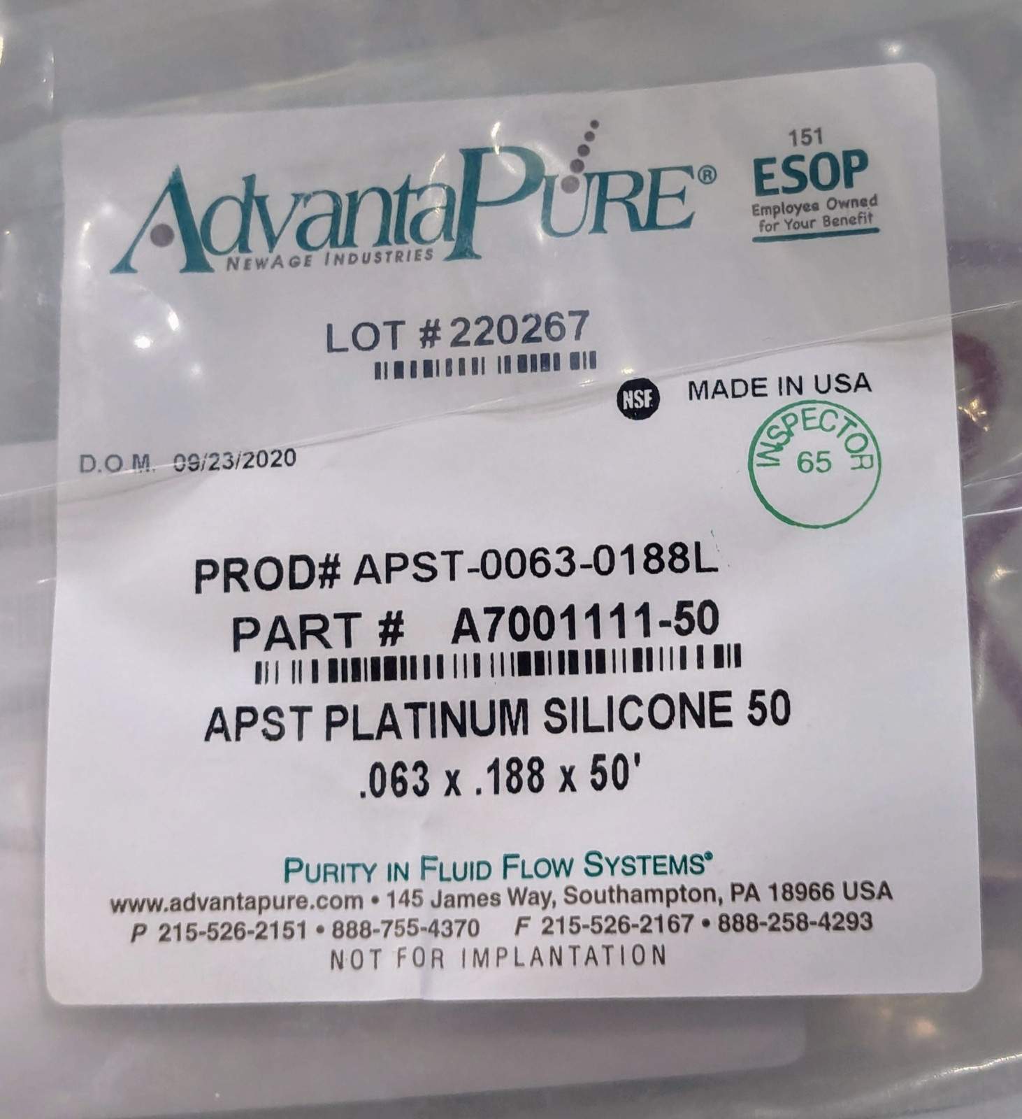 AdvantaPure APST-0063-0188L Platinum Cured Silicone Tubing – 50 ft.