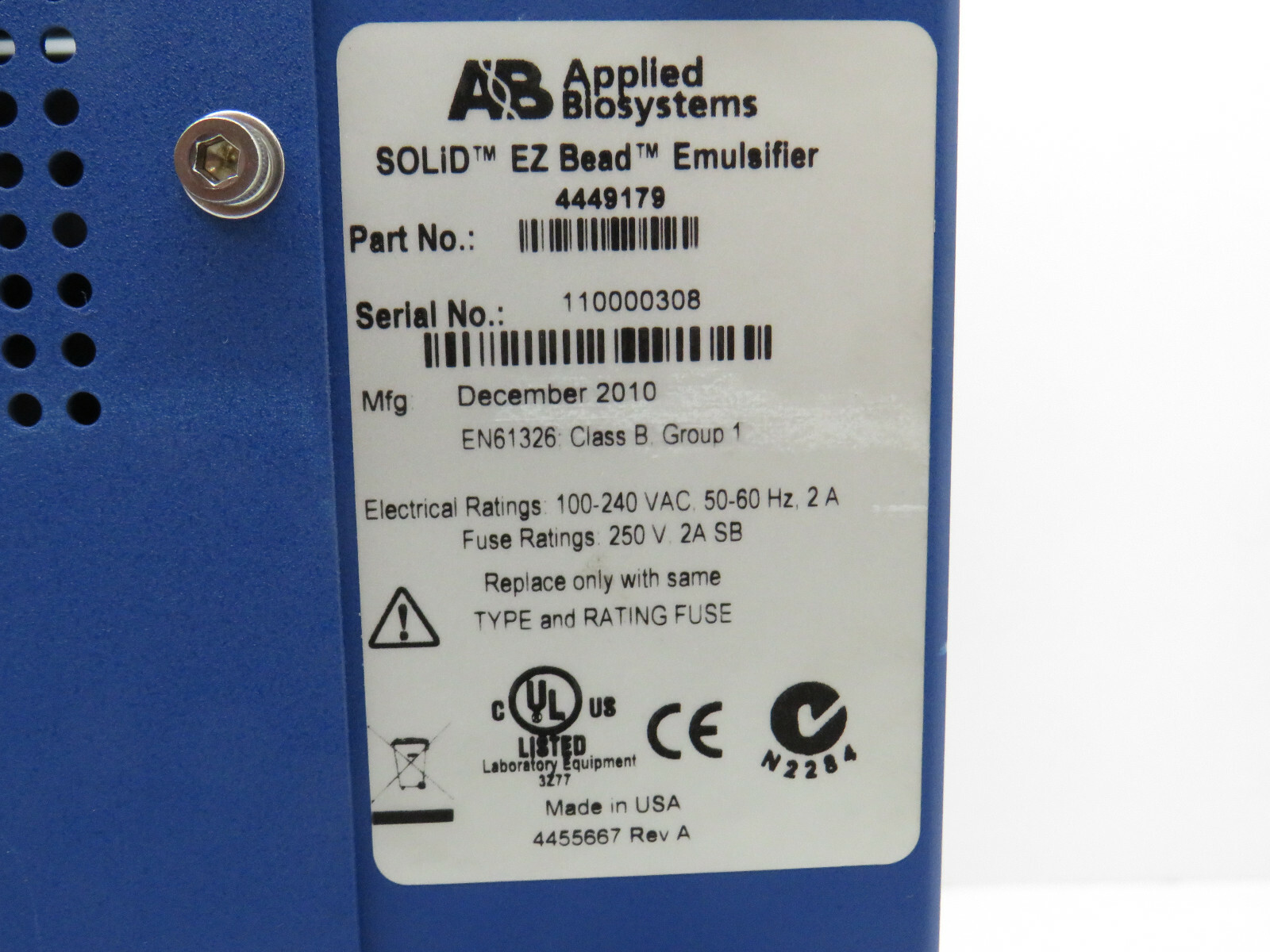 Applied Biosystem 4449179 Solid EZ Bead Emulsifier 100-240VAC 50/60HZ