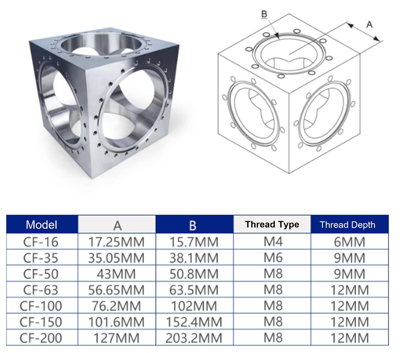 CF16 CF35 CF63 CF100 Conflat Flange 6-Way Cube UHV SS304