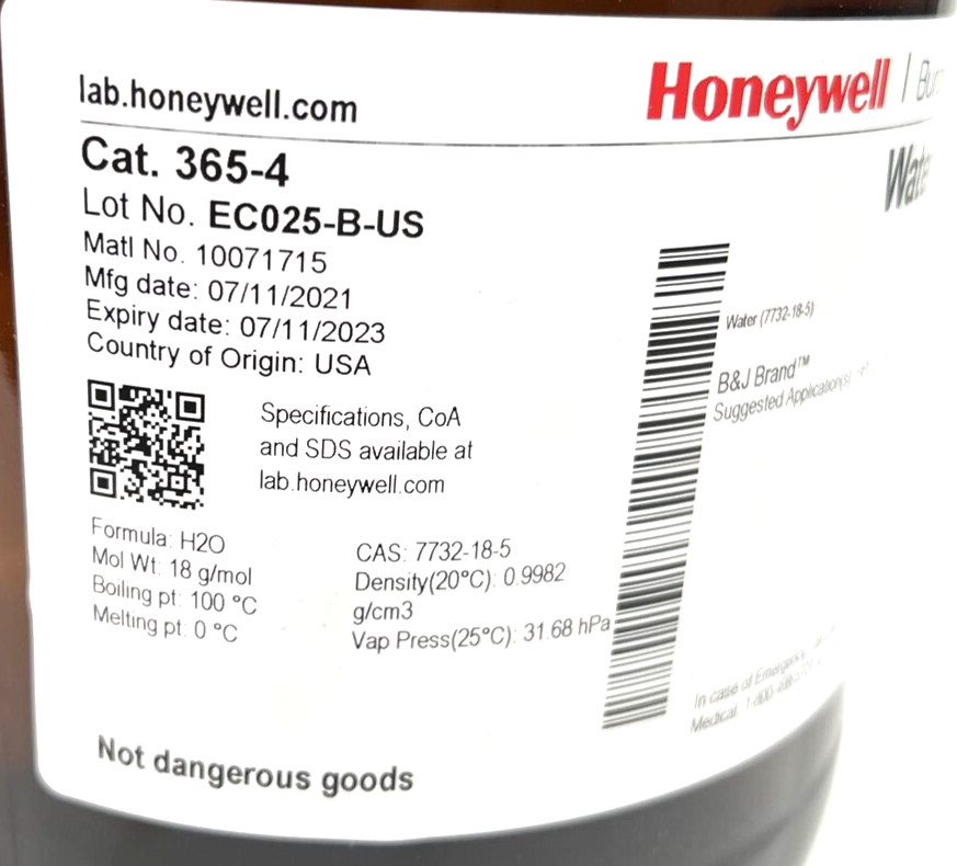 365-4 7732-18-5 Honeywell Burdick & Jackson Water Cat. 4 Liter (4-Pack)