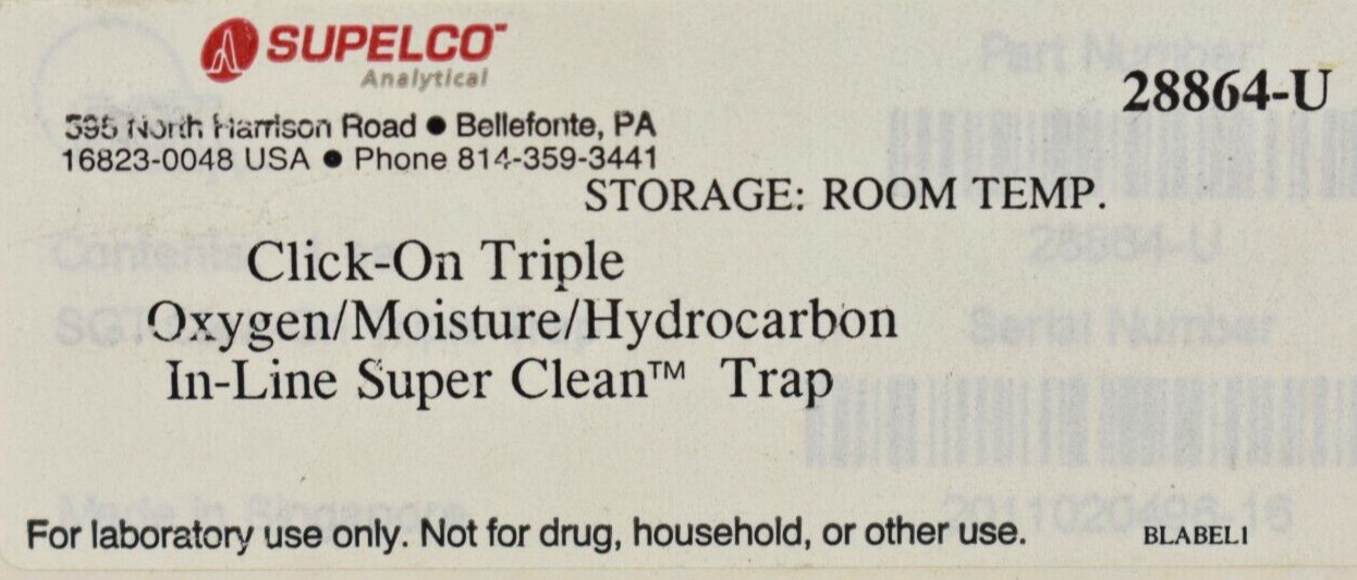 NEW Millipore Sigma Supelco 28864-U Click-On InLine Super Clean Gas Purifier