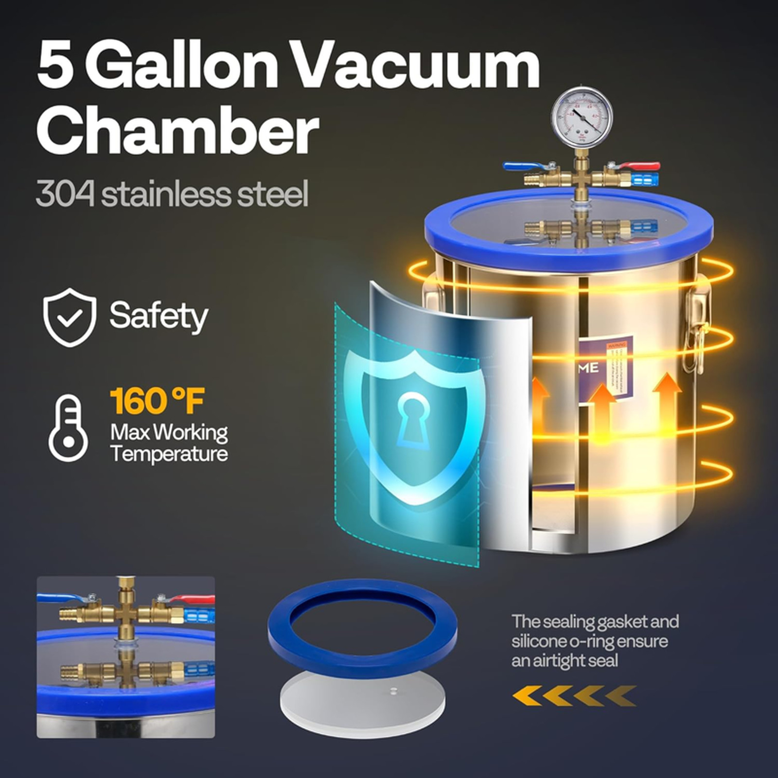 5 Gallon Vacuum Chamber with 3.5 CFM 1 Stage Vacuum Pump, 304 Stainless Steel