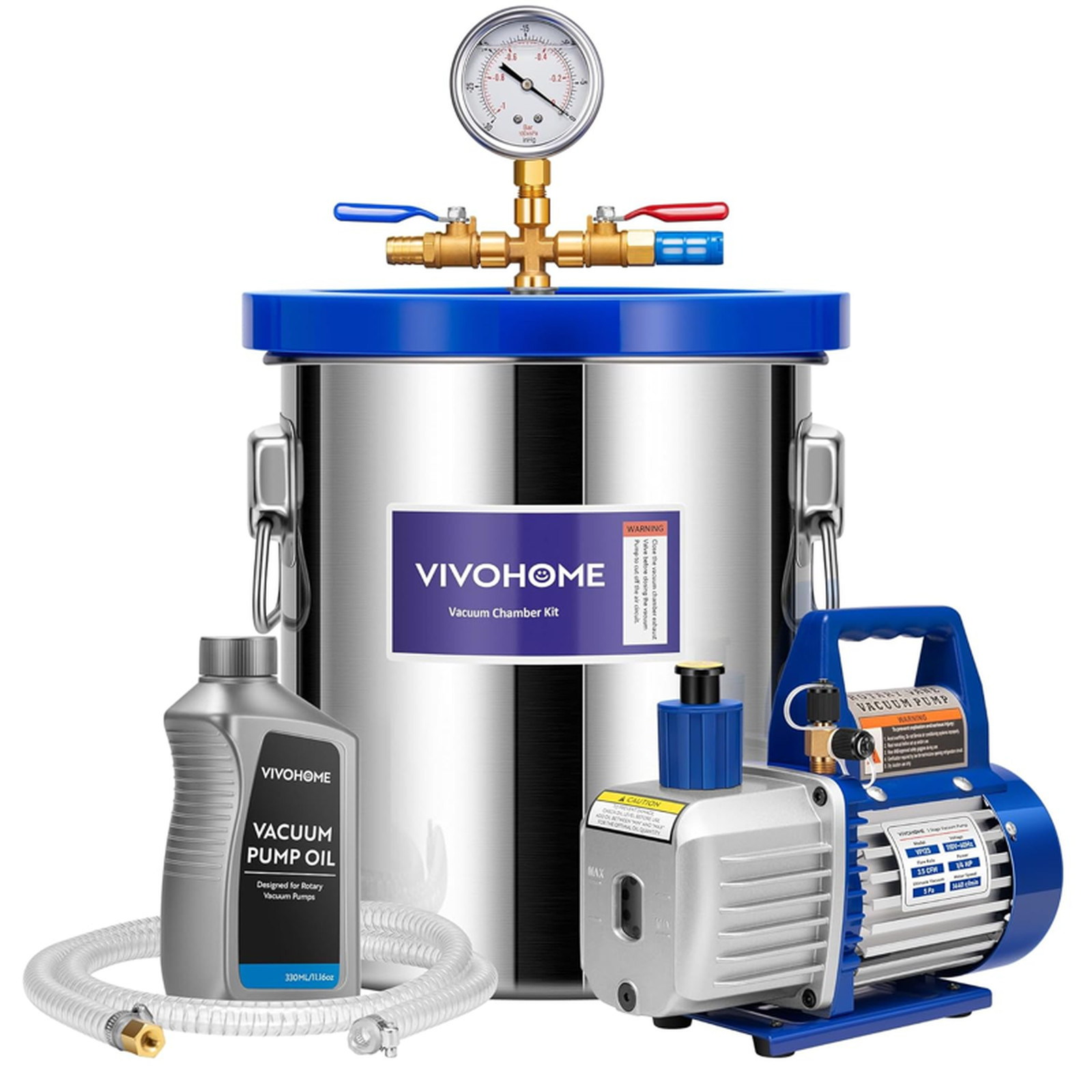 5 Gallon Vacuum Chamber with 3.5 CFM 1 Stage Vacuum Pump, 304 Stainless Steel