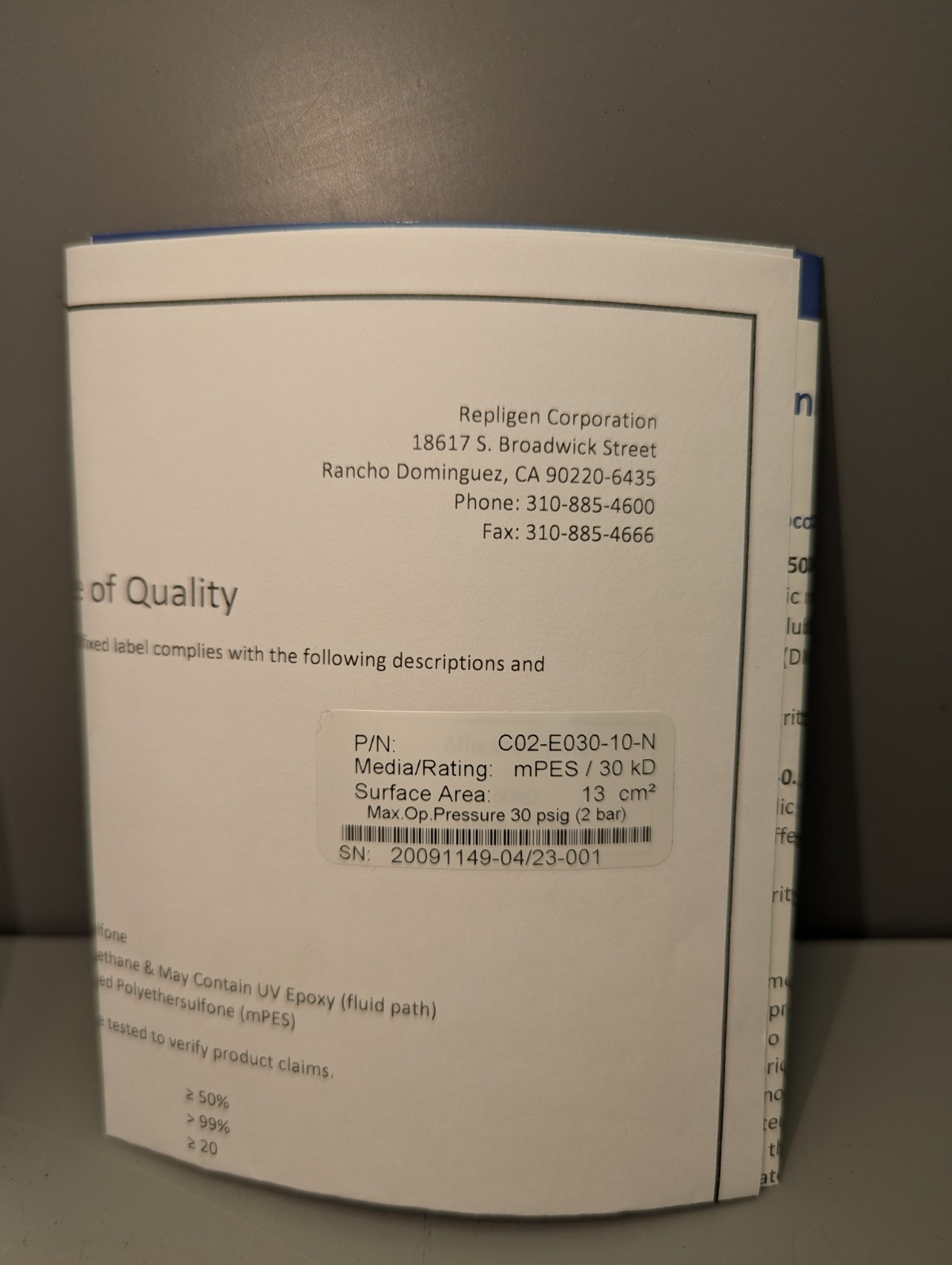 Repligen # C02-E030-10-N MICROKROS 20CM 30K MPES 1MM MLL X FLL 1/PK