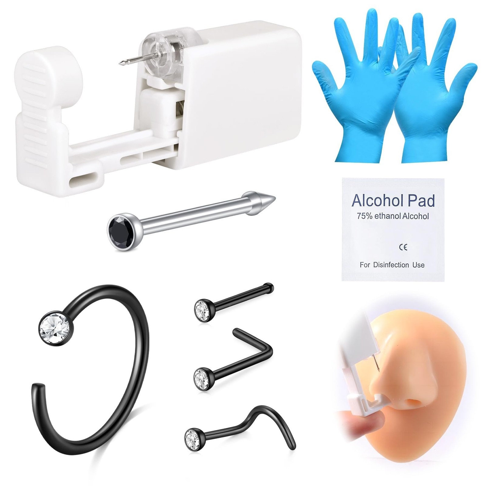 DJCIW 8Pcs Nose Piercing Kit, Piercing Gun Built-in Black Nose Studs, Painles…