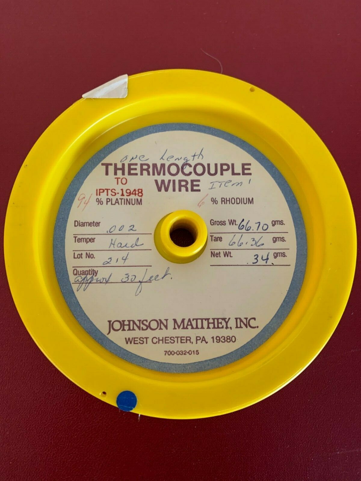 Thermocouple Wire 94% Platinum 6% Rhodium 0.002″ diameter, $6.00/inch 