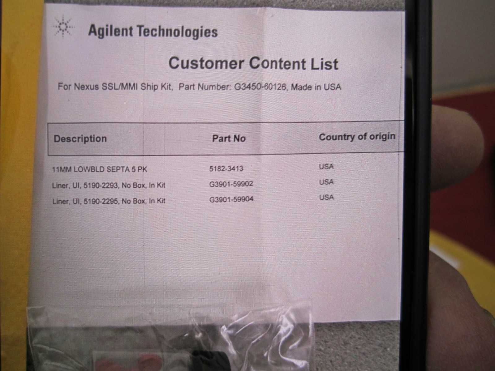 Agilent G3450-60126, 5190-2293, 95 Liners, UI, Septa 5PK, SEALED – FAST SHIPPING
